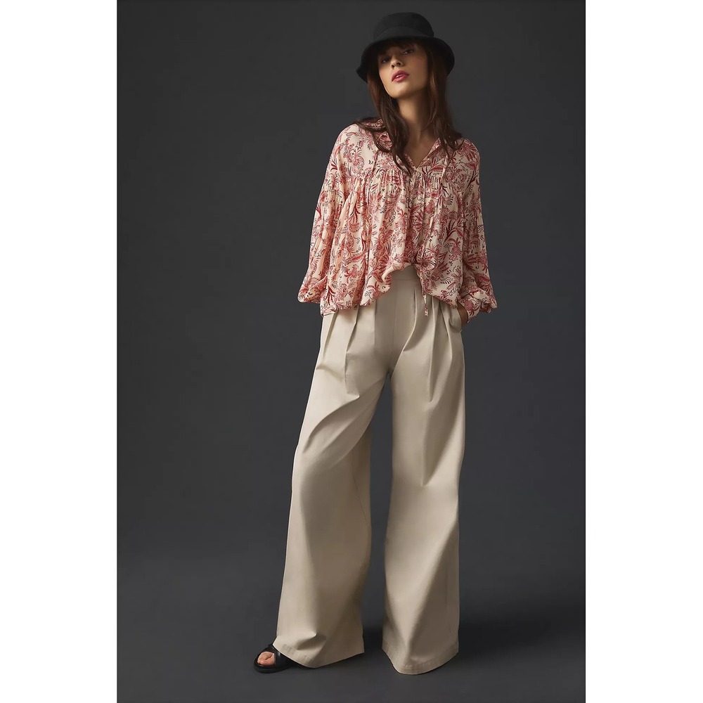 Anthropologie Tie-Front Peasant Blouse Floral Print Long Sleeve Medium